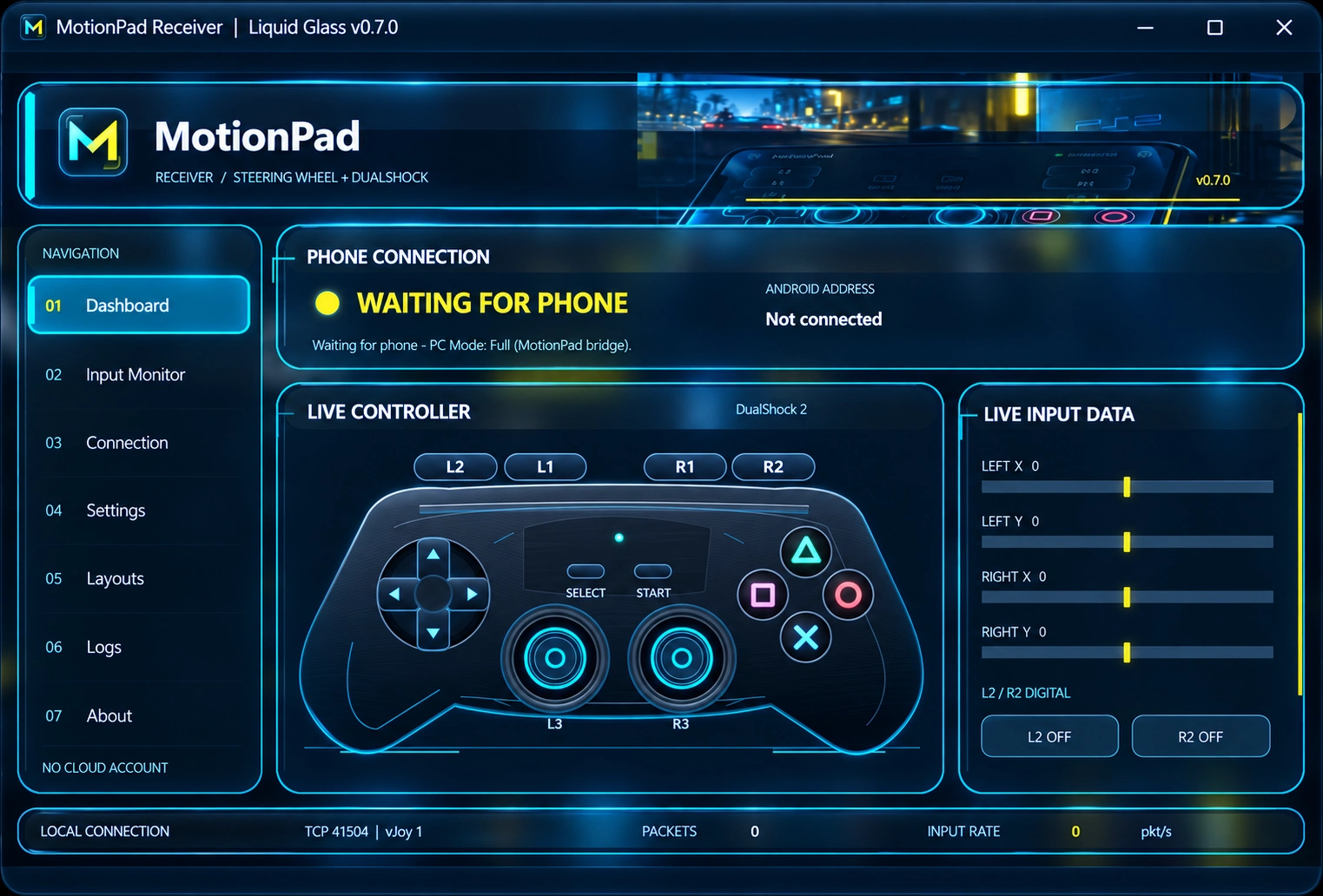 High-resolution render of the MotionPad Receiver Liquid Glass v0.7.0 Windows app, showing the phone connection status, DualShock controller monitor and live input data