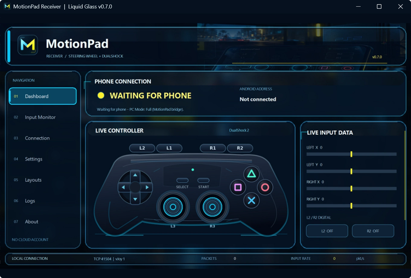 Screenshot of the real MotionPad Receiver Liquid Glass v0.7.0 Windows app, showing the phone connection status, DualShock controller monitor and live input data