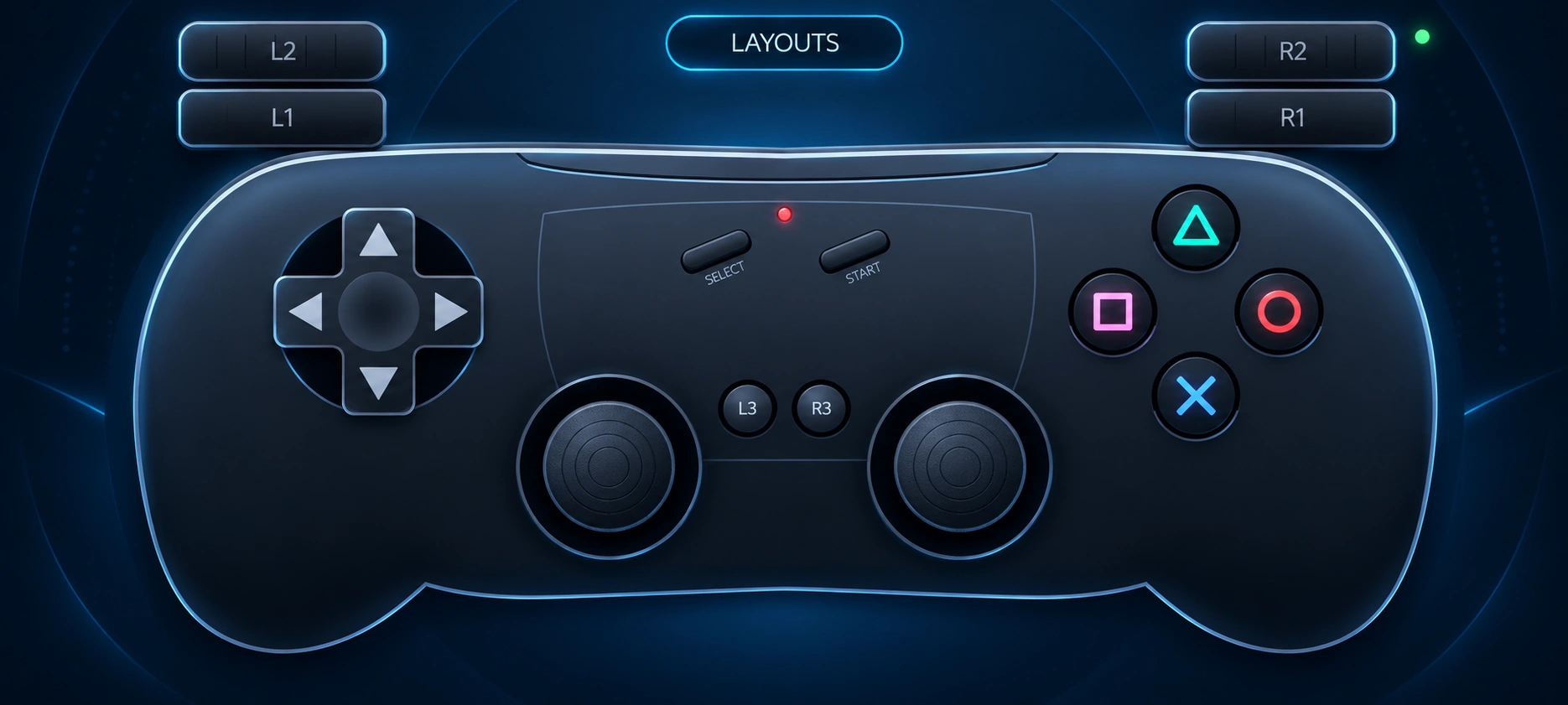 MotionPad DualShock 2 interface showing D-pad, face buttons, shoulder buttons and analog sticks