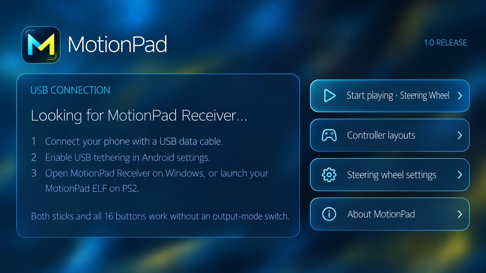 MotionPad Android v1.0 connection interface showing USB tethering setup and controller options