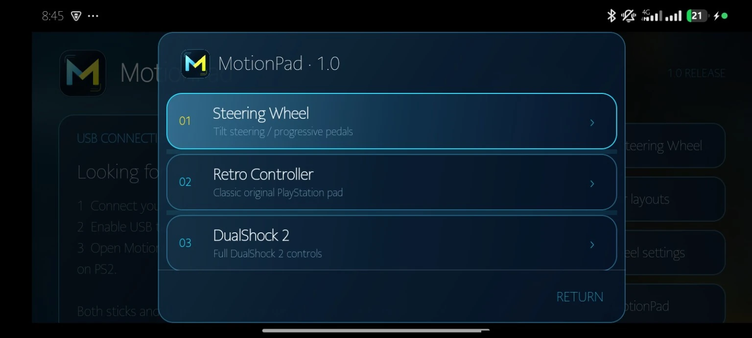 MotionPad v1.0 controller layout selection with steering wheel, retro controller and DualShock 2 options