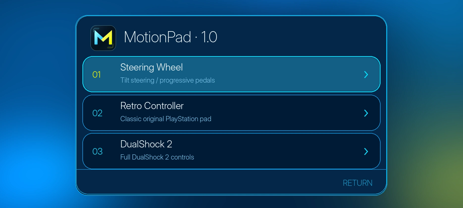 MotionPad v1.0 controller selection render with Steering Wheel, Retro Controller, and DualShock 2